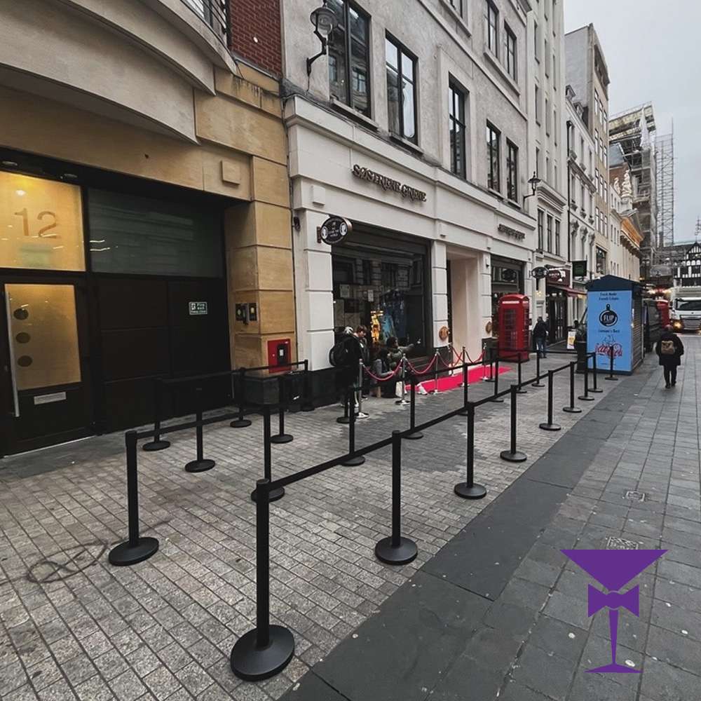 Black Barrier Hire in Oxford Circus for Sostrene Green Launch