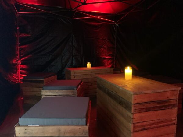 Rustic Tables & Seats at a Halloween event in London
