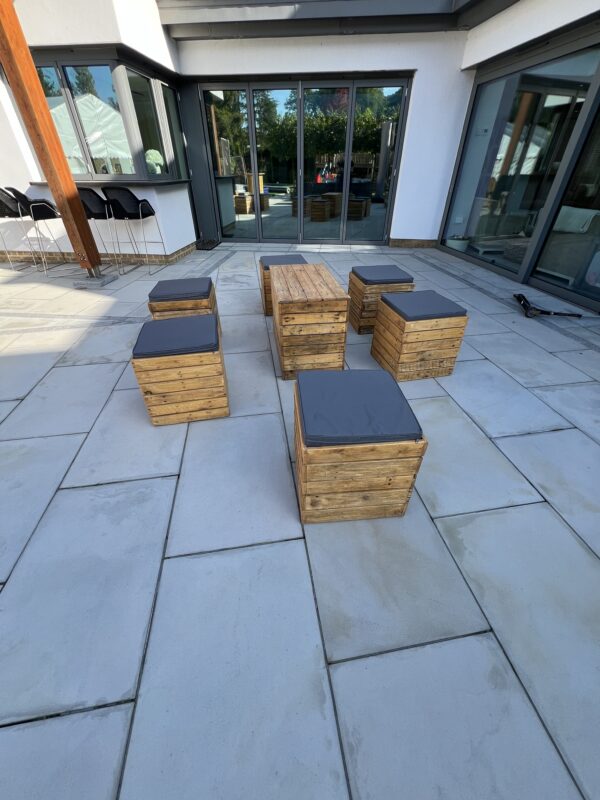 Rustic Coffee Table & Rustic Cube Seats Eith Grey Cushions