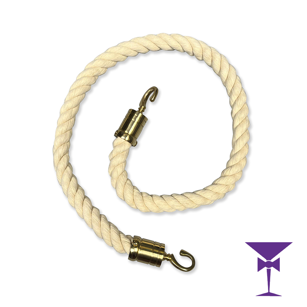 White stanchion post ropes with gold hooks hire
