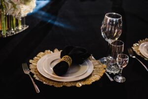 Serving,,Setting,Table.,Plate,Decorated,Linen,Black,Napkin,And,Silverware