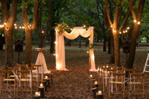 Wedding,Arch,In,The,Woods,With,Light,Bulbs.,Beautiful,Wedding