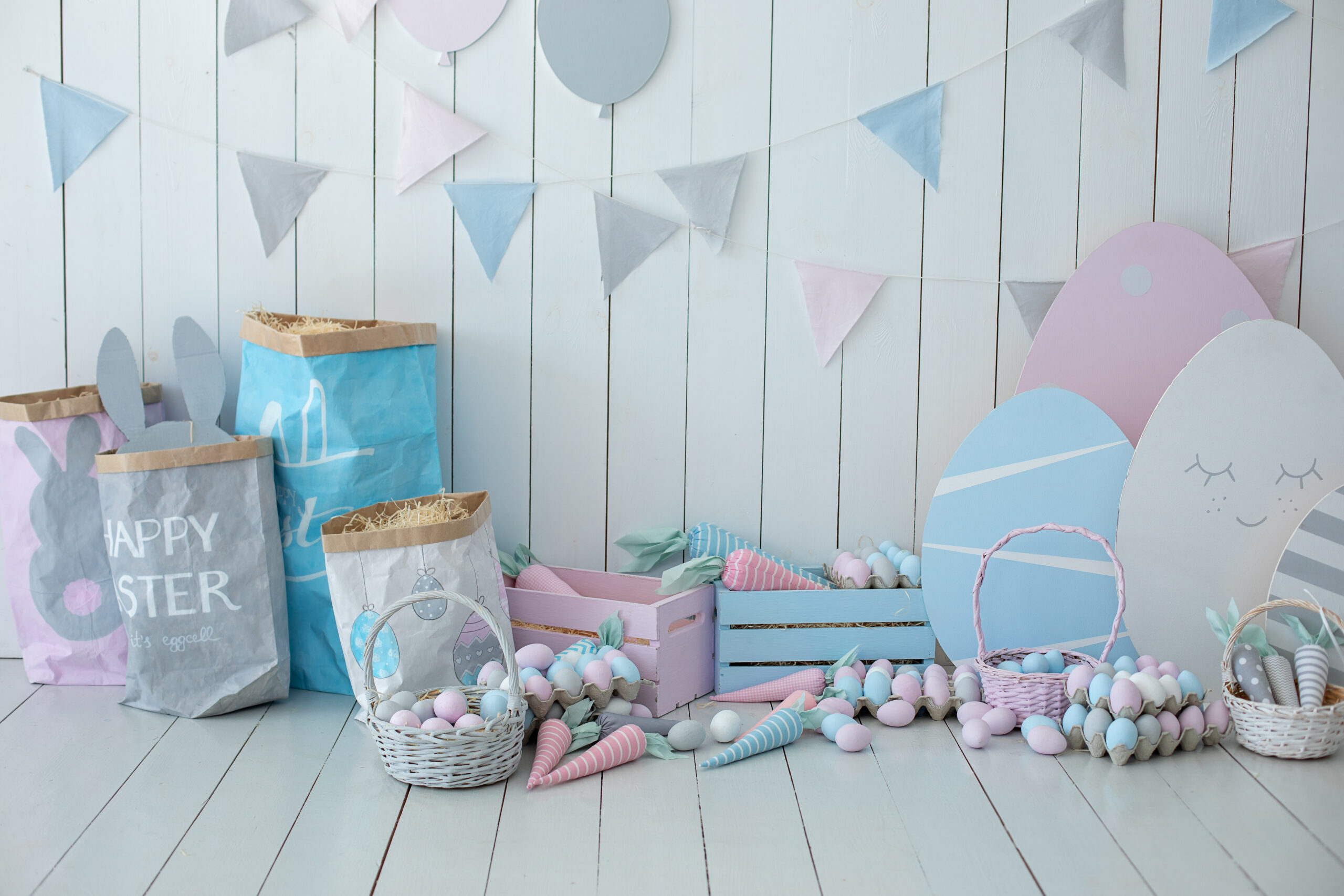 Colorful,Easter,Room,Interior.,Baskets,With,Lot,Colorful,Easter,Eggs