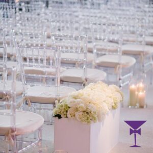 A modern and classy clear banqueting chair. Ghost-Chiavari-Chair-Hire