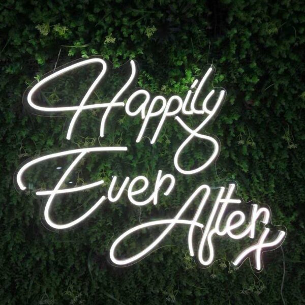 Happily Ever After LED Neon Sign Hire (Sign With Copper Backdrop)