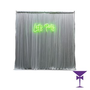 Let's Party LED Neon Hire (Sign With White Pleated Drape Backdrop)
