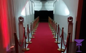 Hollywood themed party with VIP red carpet and spotlights to light entrance.