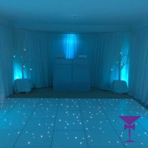 White Draping With Uplighting & Dance Floor - White Wall Draping, LED Uplighters and LED dance floor