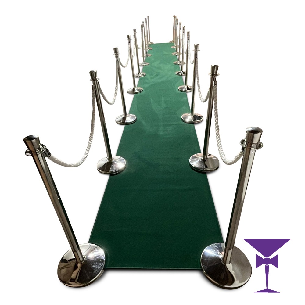10 Metre Green Carpet Package With Silver Posts & White Ropes