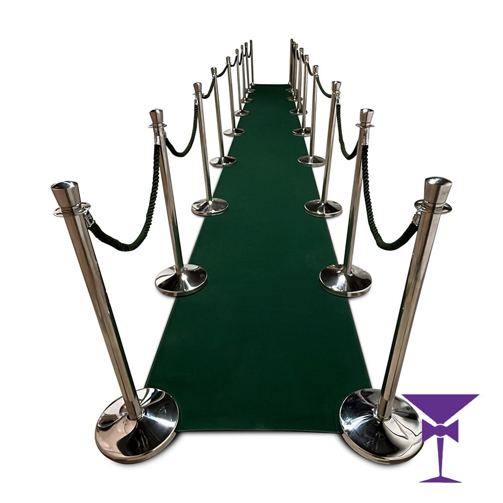 10 Metre Green Carpet Hire With Silver Posts & Green Ropes
