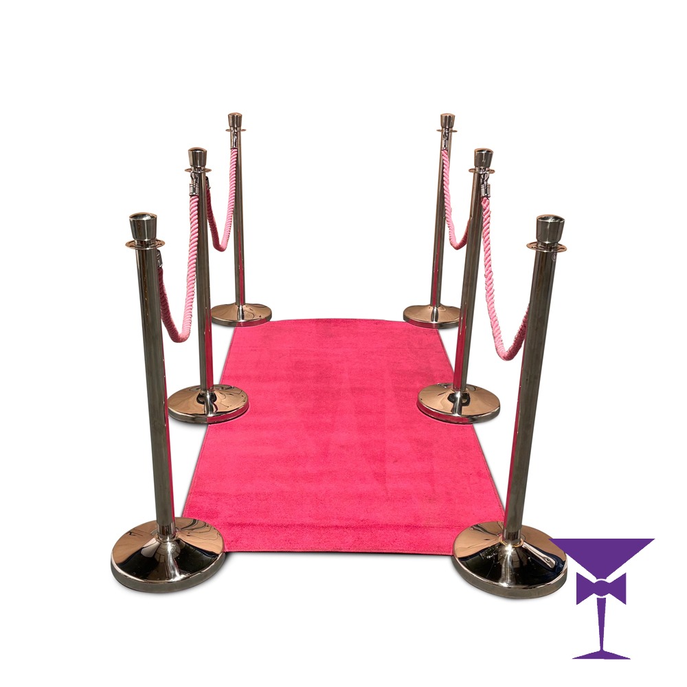 2-Metre-Pink-Carpet-Package-Silver-Posts - Hire a 1 metre wide x 2 metre long pink carpet package.