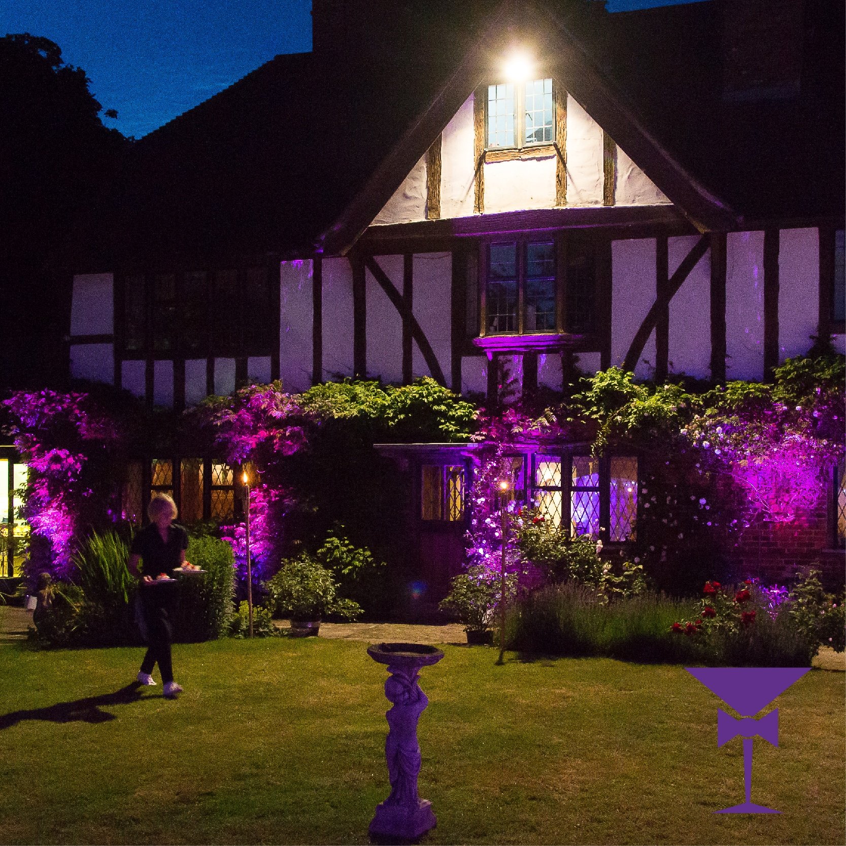 Outdoor battery powered uplighter hire Surrey.