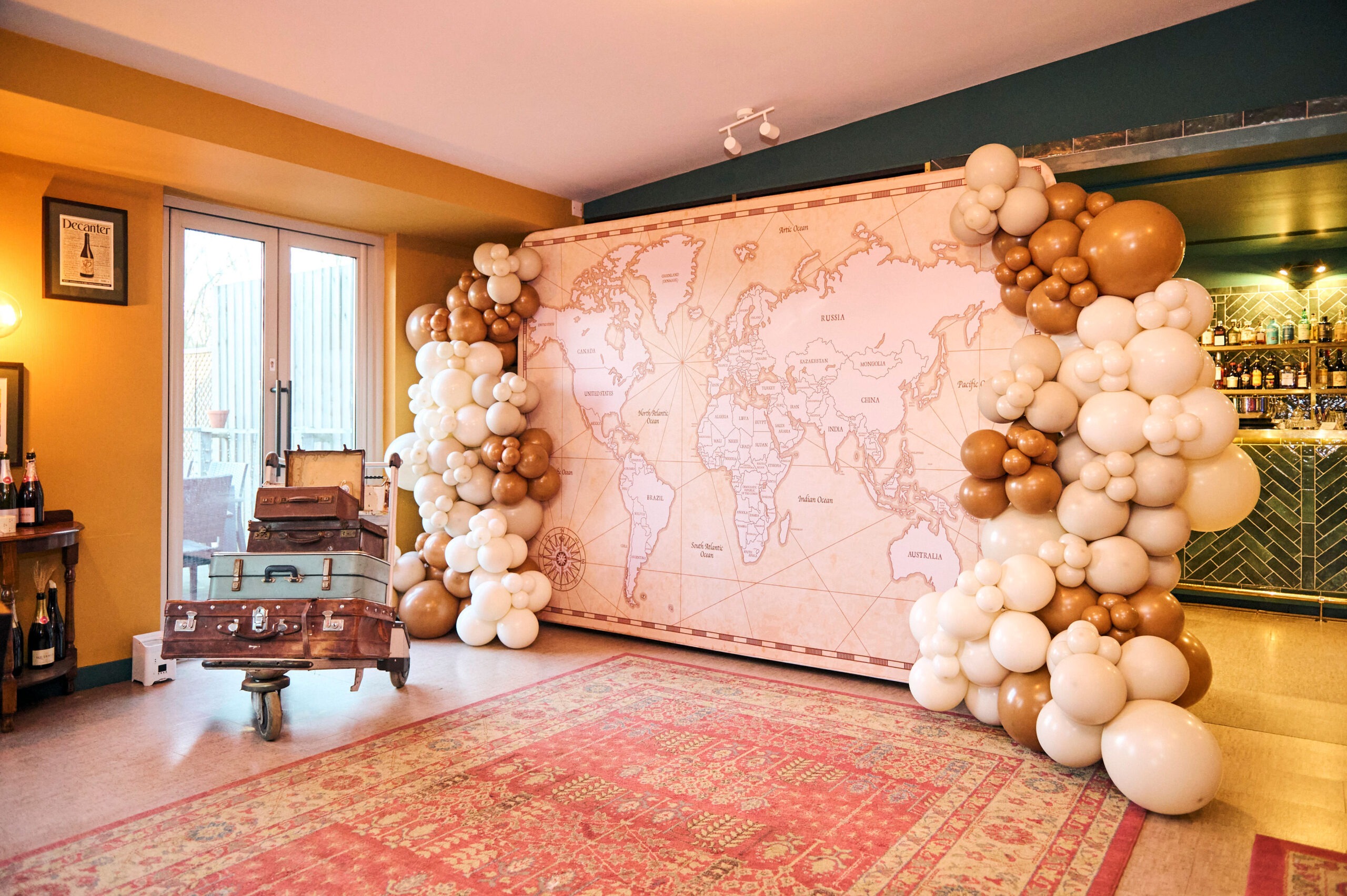 World Map Backdrop With Luggage Cart & Balloons