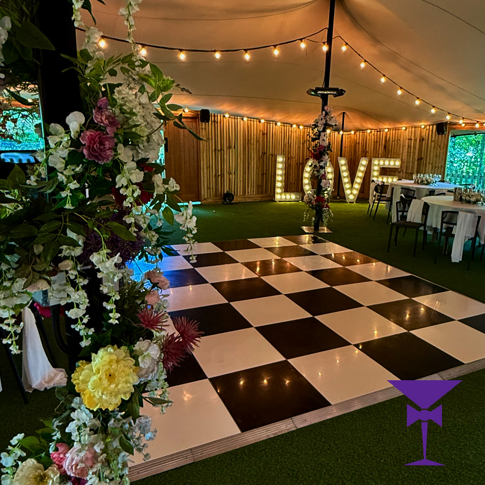 Black & White Dance Floor Hire at the Red Barn Lingfield Surrey