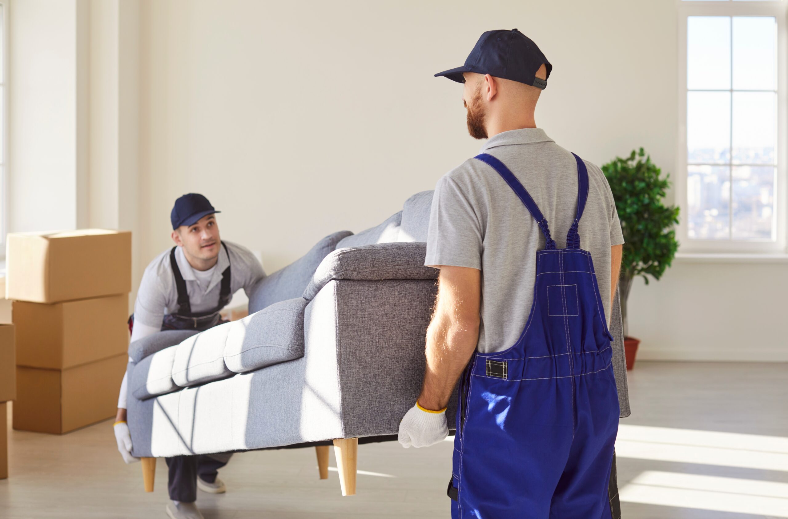 Male,Movers,Team,Of,Moving,Service,Carrying,Heavy,Sofa,Together