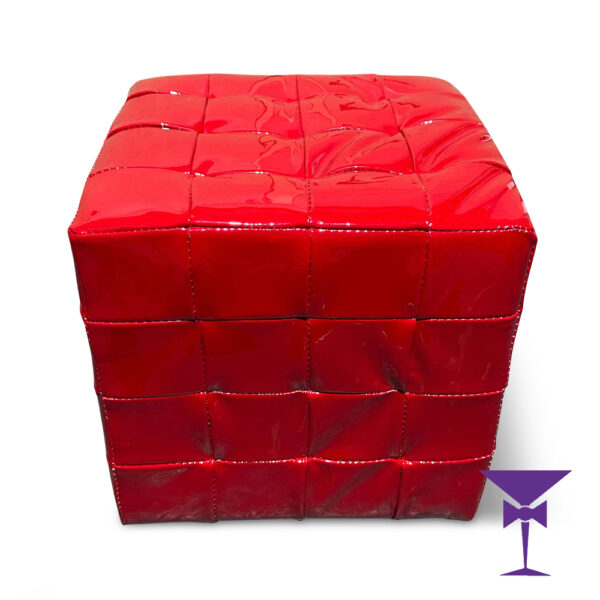 Front View of our Red Ottoman Leather Effect Cube Seat Hire.
