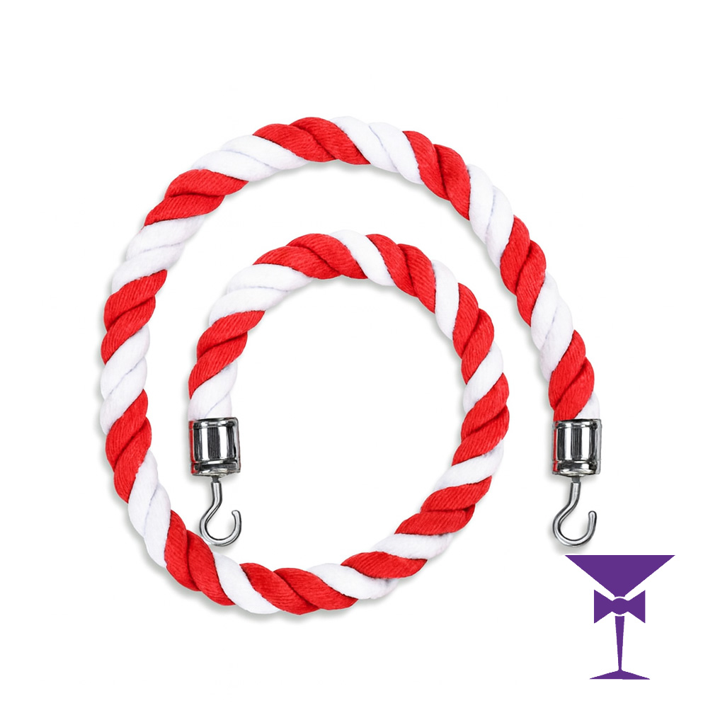 Red & White Striped Stanchion Rope Hire - Silver Hooks